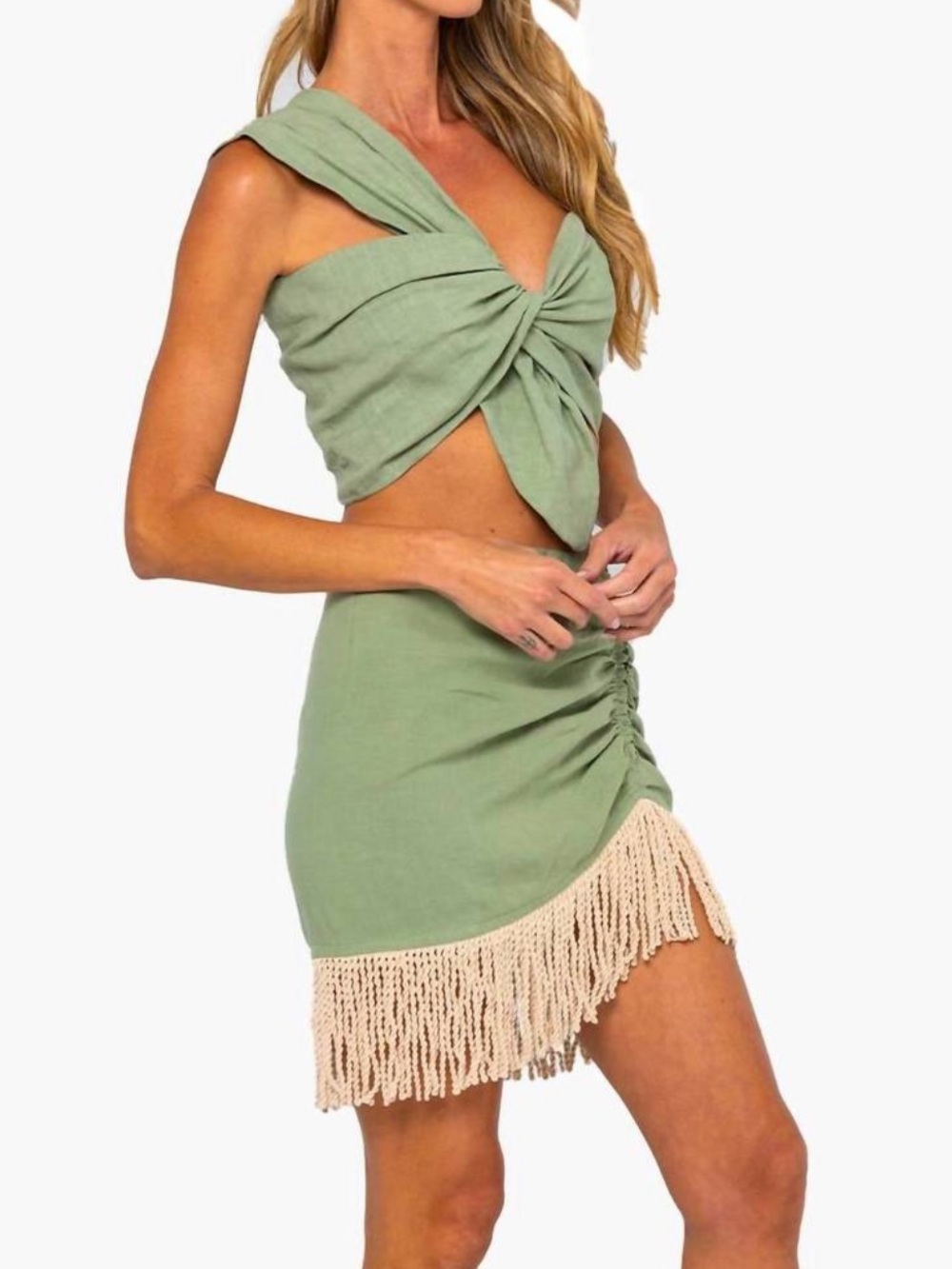 JBQ Valencia Mini Skirt & top with Fringe in Sage Green FULL SET